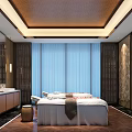 Cozy SPA Sauna Interior Design With Massage Beds Blue Curtains Wooden Screens And Ceiling Lighting