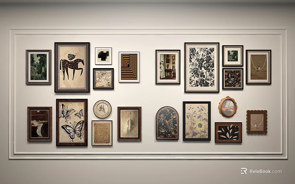 Stylish Gallery Wall With Various Framed Art Prints Different Sizes And Decorative Accents 3d model