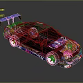 Modified Race Car Featuring Vibrant Colorful Graphics And Blue Rear Spoiler