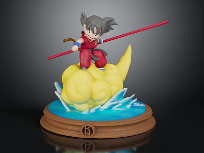 Young Goku Riding Yellow Flying Nimbus With Red Power Pole And Blue Wave Wooden Base 3d model