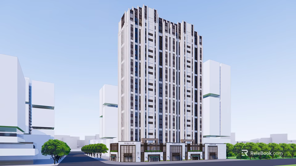 Modern High Rise Building Exterior Design With Glass Windows And Surrounding Trees 3d model 
