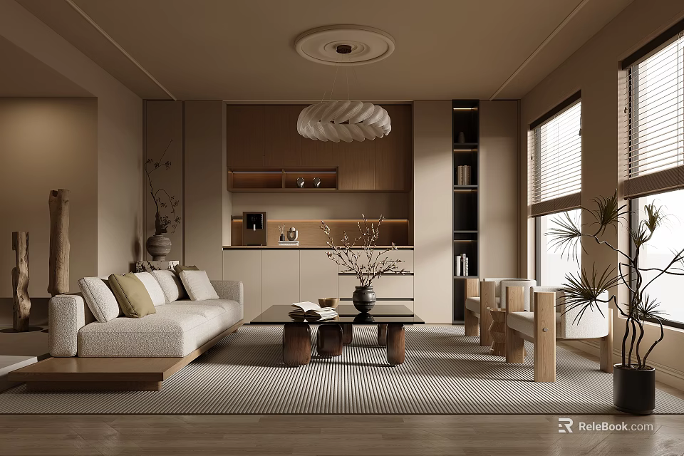 Modern Living Room Interior With Beige Sofa Wooden Coffee Table Striped Rug And Potted Plant 3d model 