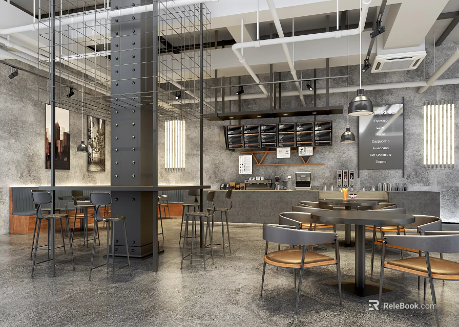 Modern Café Design with Metal Grid Columns Open Bar Gray Walls and Wooden Metal Seating 3d model 