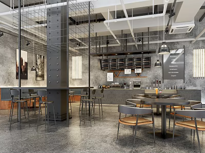 Modern Café Design with Metal Grid Columns Open Bar Gray Walls and Wooden Metal Seating 3d model