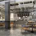 Modern Café Design with Metal Grid Columns Open Bar Gray Walls and Wooden Metal Seating