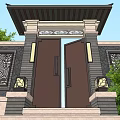 Traditional Chinese Style Entrance Gate With Black Doors Carved Wall And Stone Steps