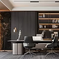 Modern Office Interior Design With Dark Wooden Walls Marble Accents Bookshelves And Office Desk Chairs