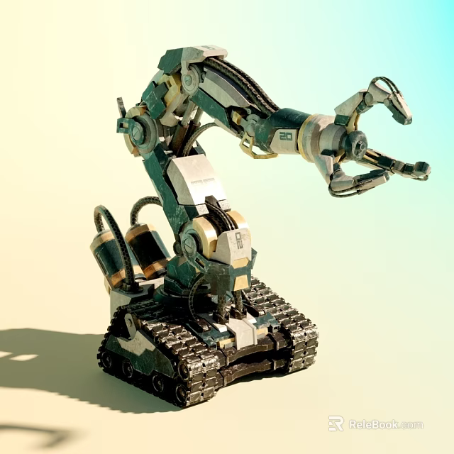 Futuristic Green White Tank 3D Model With Mechanical Arm And Tracks 3d model 