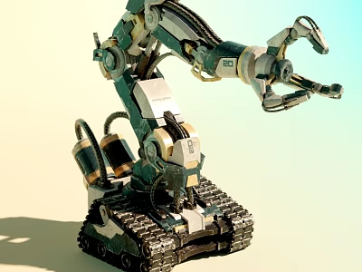 Futuristic Green White Tank 3D Model With Mechanical Arm And Tracks 3d model