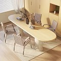 Modern Light Wood Oval Dining Table Set With Four Chairs And Decorative Items 3d model