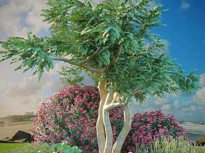 Pink Flowering Shrub In Coastal Landscape With Green Tree And Blue Sky 3d model