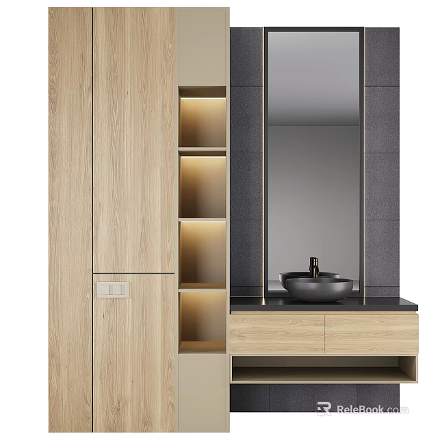Modern Bathroom Cabinet with Mirror Wooden Storage Shelves and Sink Countertop 3d model 