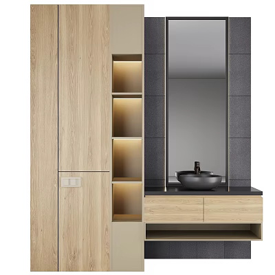 Modern Bathroom Cabinet with Mirror Wooden Storage Shelves and Sink Countertop 3d model