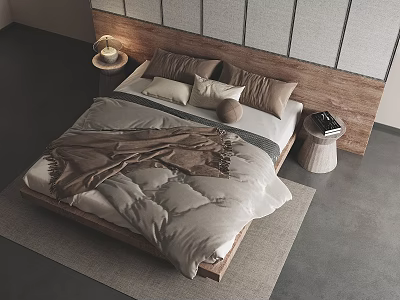 Modern Double Bed With Wooden Gray Panel Headboard Gray Brown Bedding Nightstand Lamp And Rug 3d model