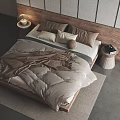 Modern Double Bed With Wooden Gray Panel Headboard Gray Brown Bedding Nightstand Lamp And Rug