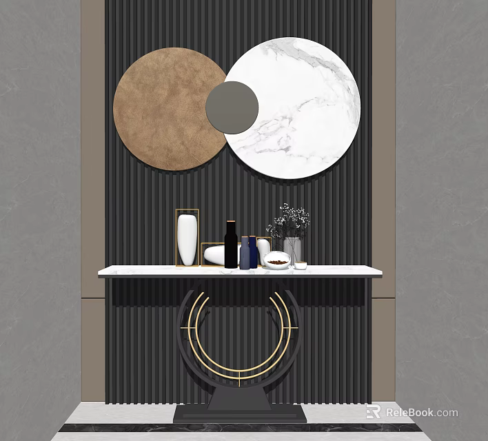 Modern Console Table Interior Design With Circular Marble Decor And Gold Ring Accent 3d model
