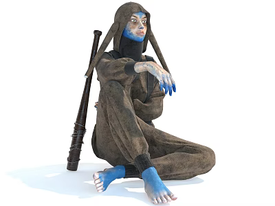 Game Movie Character In Hooded Outfit With Blue Skin Sitting Posture Holding Long Staff 3d model