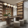Chinese Style Tobacco And Liquor Store Interior With Display Shelves Wine Bottles Counter And Plants