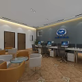 Public Office Space Featuring Modern Workstations Lounge Seating Wooden Bookshelves And Ceiling Lighting