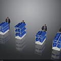 Four Blue Trolleys With Railings And Businessmen On Reflective Surface