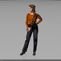 Stylish Woman In Orange Top Dark Pants Beret Hat With Crossbody Bag On Gray Background