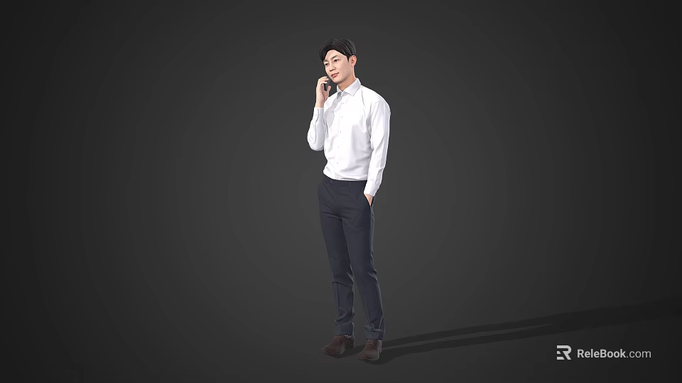 A Man Standing And Talking On Mobile Phone In White Shirt And Dark Pants 3d model 
