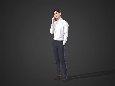 A Man Standing And Talking On Mobile Phone In White Shirt And Dark Pants 3d model