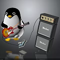 Adorable Penguin Playing Red Electric Guitar With Cable Next to Marshall Amplifier