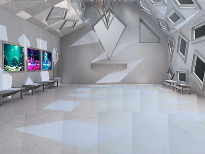 Modern Interior Space With Geometric Ceiling Colorful Paintings Benches And Light Colored Floor 3d model