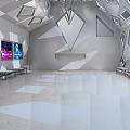Modern Interior Space With Geometric Ceiling Colorful Paintings Benches And Light Colored Floor