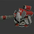 Red Silver Mechanical Weapon Turret With Cannon Barrel Tracked Base And Green Lights