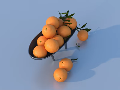 Fresh Oranges with Leaves on Black Tray and Scattered on Light Blue Background 3d model
