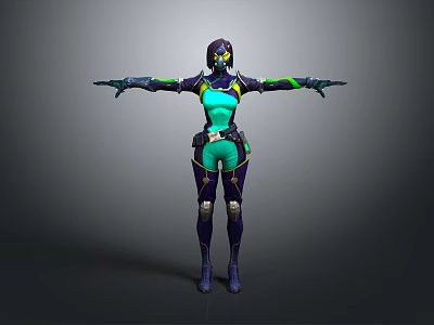 Futuristic Sci Fi Character In Green Purple Outfit With Helmet And Outstretched Arms 3d model