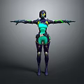Futuristic Sci Fi Character In Green Purple Outfit With Helmet And Outstretched Arms
