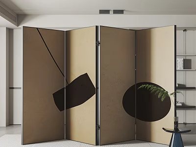 Modern Beige Room Divider Screen With Black Decorative Patterns And Green Fern Plant 3d model