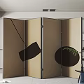 Modern Beige Room Divider Screen With Black Decorative Patterns And Green Fern Plant