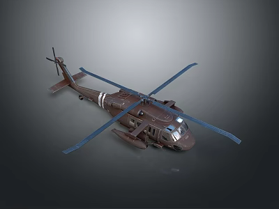 Detailed Brown Military Helicopter Model With Blue Rotors And White Stripes 3d model