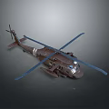 Detailed Brown Military Helicopter Model With Blue Rotors And White Stripes