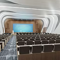 Modern Conference Room Interior Design With Curved Lines Wooden Wall Paneling Arranged Seats And Lighting