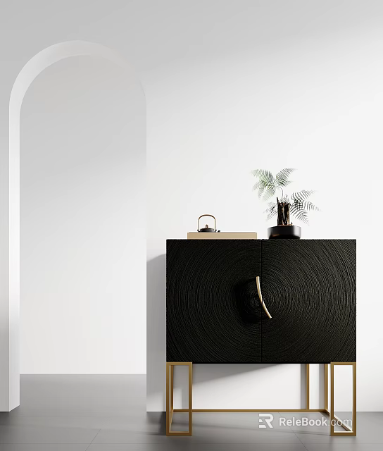 Black Textured Decorative Cabinet With Gold Legs And Green Plant Decor On Top 3d model 