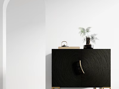 Black Textured Decorative Cabinet With Gold Legs And Green Plant Decor On Top 3d model