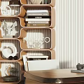 Modern Dark Curved Desk In Study Room With Wooden Bookshelf Books Decorations And Potted Plant