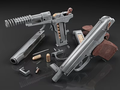 Vintage Pistol Collection With Disassembled Parts Magazines Bullets And Springs 3d model