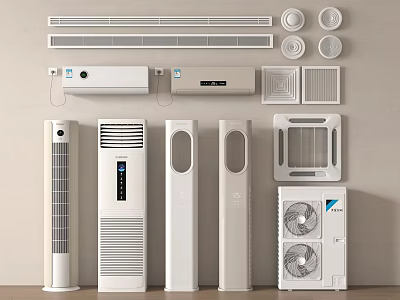 Different Types of Modern Air Conditioners and Fans Including Wall Mounted Standing Tower Units 3d model