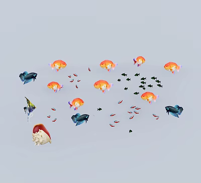 Colorful Aquatic Animals Including Goldfish Tropical Fish Jellyfish And Small Swimming Fish 3d model