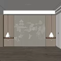 New Chinese Bed Background Wall With Wall Lamps And Landscape Patterns