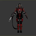 Detailed Humanoid Armored Character In Red And Black Mechanical Suit Holding Gun