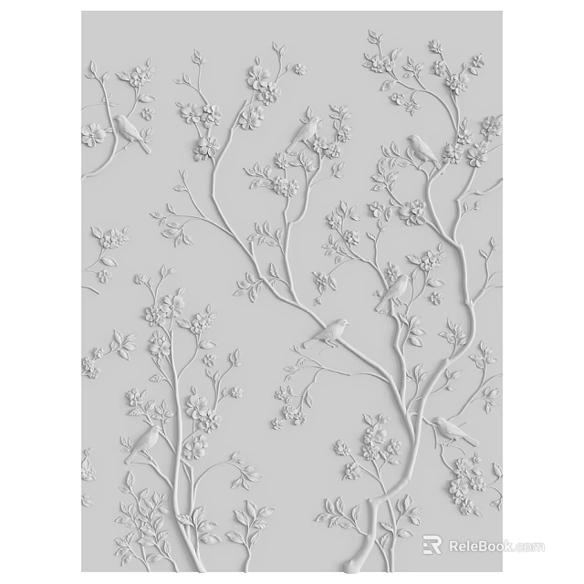 Ornate White Embossed Decorative Panel With Branches Flowers And Birds Design 3d model 
