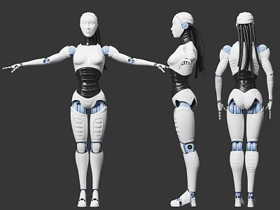 Female Robot Character Design With Three Views White Body And Blue Joints 3d model