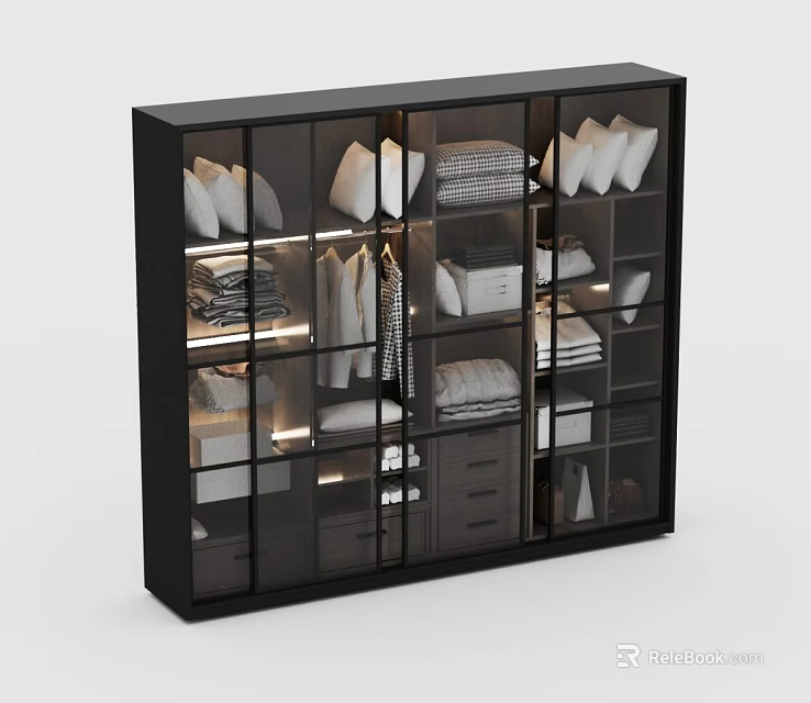 Modern Black Glass Door Wardrobe With Interior Storage Folded Clothes Hanging Garments And Lighting 3d model 